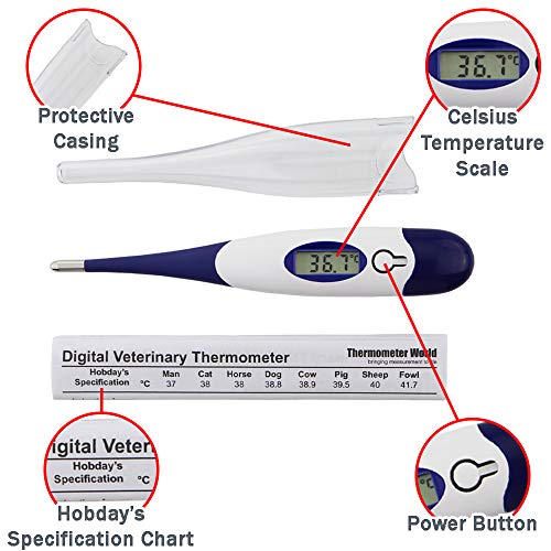 Termómetro digital para mascotas para propietarios de animales de perros, gatos, caballos, veterinarios, sonda de temperatura flexible, incluye tabla de pasatiempos veterinarios