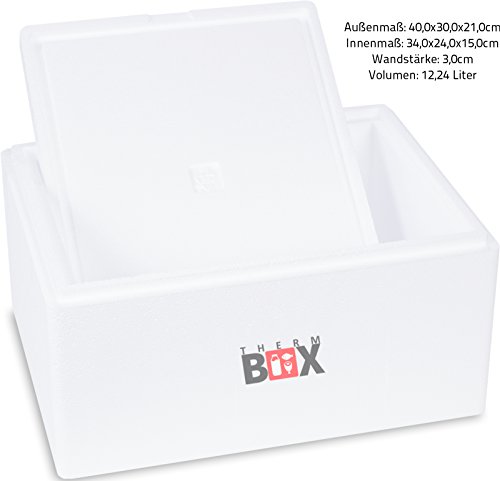 THERM-BOX Caja térmica de espuma de poliestireno Caja térmica para alimentos y bebidas - Enfriador y calentador de espuma de poliestireno (40x30x21cm - 12,24L de volumen) Reutilizable