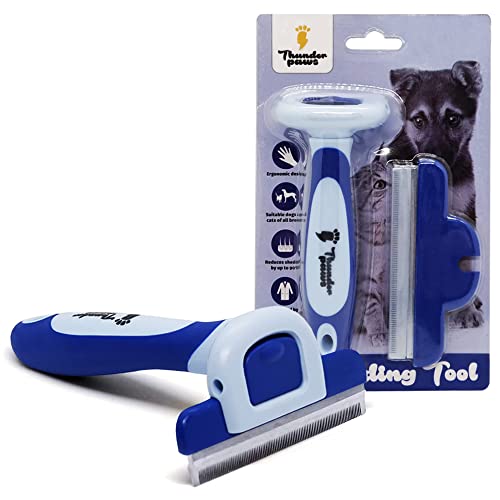 Thunderpaws Peine Profesional para Mascotas, Herramienta de Cuidado para Perros, D-Shedz para Razas de Perros, Gatos con Pelo Corto o Largo, Pequeño, Mediano y Grande (Azul)