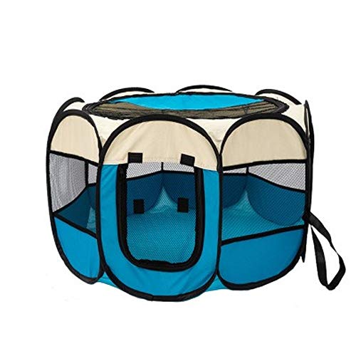 Tienda portable cajón del perro casero de habitaciones Parque infantil plegable del perrito de la jaula del gato Ejercicio impermeable tienda al aire libre Casas para perros Octagon Valla (M,Blue)