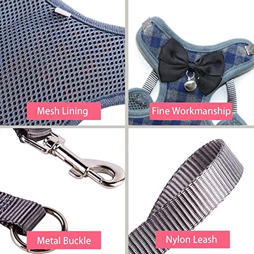 Tineer Pet Dog Plaid Bow Tie arnés Chaleco con Correa de Nylon para Cachorro de Gato Caminando o entrenando (S, Gris)