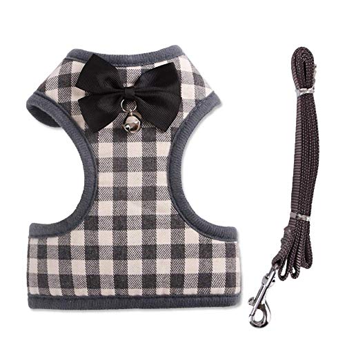 Tineer Pet Dog Plaid Bow Tie arnés Chaleco con Correa de Nylon para Cachorro de Gato Caminando o entrenando (S, Gris)