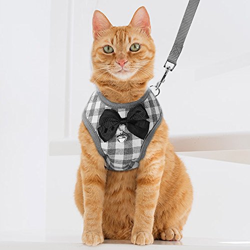 Tineer Pet Dog Plaid Bow Tie arnés Chaleco con Correa de Nylon para Cachorro de Gato Caminando o entrenando (S, Gris)