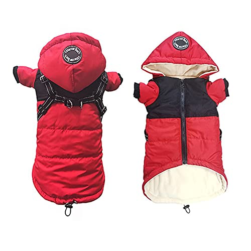 TMALL Abrigo para Perros pequeños con Arnés Cálidos a Prueba de Viento Perro Ropa para Invierno con Capucha Forro Polar Chaqueta para Perros 2 Patas Trajes con Capucha, Rojo XL