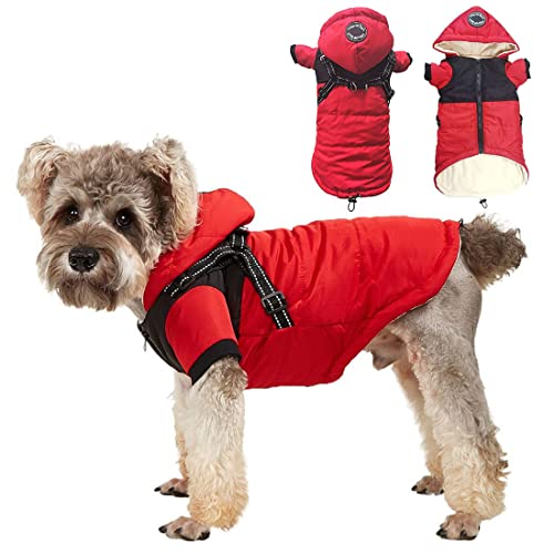 TMALL Abrigo para Perros pequeños con Arnés Cálidos a Prueba de Viento Perro Ropa para Invierno con Capucha Forro Polar Chaqueta para Perros 2 Patas Trajes con Capucha, Rojo XL