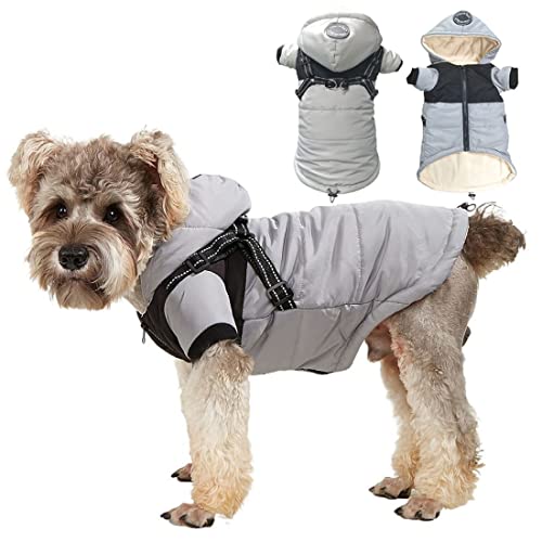 TMALL Abrigo para Perros pequeños con Arnés Cálidos a Prueba de Viento Perro Ropa para Invierno con Capucha Forro Polar Chaqueta para Perros 2 Patas Trajes con Capucha, Gris L