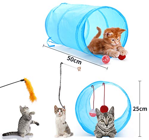 Toozey 24 Piezas Juguetes para Gatos, Juguete Interactivo para Gato, Juguetes para Gatos con Campanas y Plumas y Túnel y Ratón y Bolas Varias, Juguete Gato con Bolsa de Almacenamiento