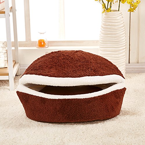 TREESTAR Cama ovalada para perros y gatos, con forma de concha de hamburguesa, cálida de felpa, con tapa, colchón, lavable, para perros pequeños, medianos y gatos, L-55 x 40 cm