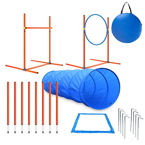 Tresbro Agility - Kit de accesorios para perros, obstáculos con túnel para perros, barras trenzadas, anillo de saltos, barra de obstáculos, altura ajustable, barriles cónicos