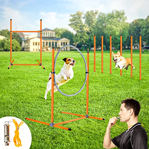 Tresbro Upgrade Dog Agility Set de Agilidad para Perros, 3 en 1 Entrenamiento para Mascotas, Anillo de Saltar, Silbato de Entrenamiento de Perros, Barra de Obstáculos, Altura Ajustable para Perros