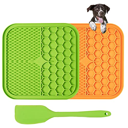 Trhillsbrad Tapete para Lamer Perros 2 Piezas, con 1 Pala de Silicona, Almohadilla de Succión Súper Fuerte, Gatos para Baño, Entrenamiento, Aseo y Cuidado de Las Garras de Perros Verde Naranja