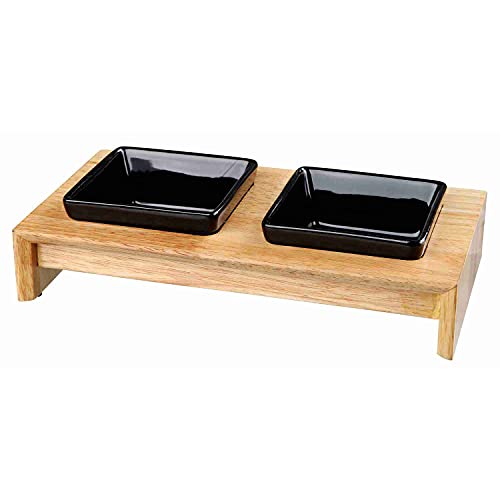 Trixie Set Comederos Perros Cerámica - Platos para Perros Accesorios Perros Cerámica Madera Bandeja 2 × 0.2L, 28×5×15 cm Negro