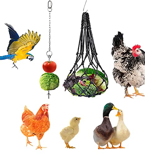 TSHAOUN 2 Piezas Bolsa de Malla de Verduras y de Carne Comedero Colgante para Loros Bolsa de Red, Comedero para Pollo, Alimentador Colgante de Acero Inoxidable para Gallinas Gallo