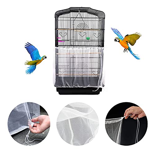 TSHAOUN Cubierta Universal para Jaula de Pájaros, Falda de Malla para Jaula para Loros, Cubierta Ajustable de Jaula de Pájaros Colector de Plumas Semillas Red Nylon de Jaula Pájaros Protector (Blanco)