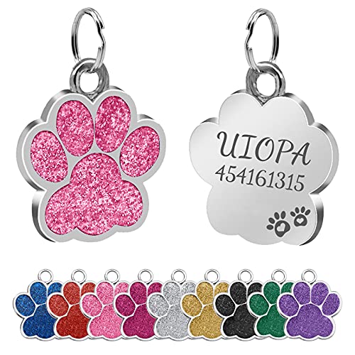 Uiopa 2pzs Chapa Perro Grabada, Huella para Mascotas Placa Perro Grabada, Etiquetas de Identificación de Mascotas Chapas Personalizadas Placa Chapas para Perros, Gatos, Mascota Collar (Rosa)