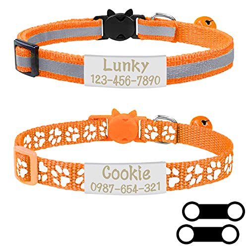 Uiopa 2pzs Collar Gato Antiahogo + 2pzs Chapa Perro Grabada, Collar Gato Personalizado con Cascabeles y Hebilla Seguro de Liberación Rápida, Collar Perro Pequeño Ajustable 19-32cm (Naranja)