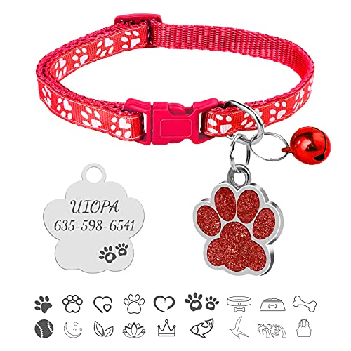 Uiopa Collar Gato, Chapa Perro Grabada, Personalizado Collar Perro Pequeño con Campana, Huellas Colla & Etiquetas de Identificación para Gatos Perros Mascotas Pequeños, Ajustable 19-32cm (Rojo)