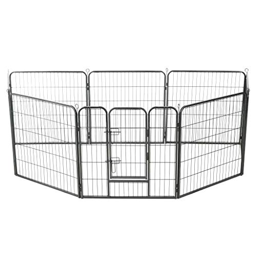 UnfadeMemory Corral para Perros con Estacas de Terreno,Parque para Perros,Jaula Mascota,Adecuado para Interior o Exterior,Puerta Batiente con Pestillos de Seguridad,Acero,Negro (8 Paneles, 80x80 cm)