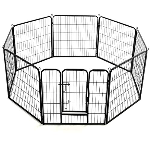 UnfadeMemory Corral para Perros con Estacas de Terreno,Parque para Perros,Jaula Mascota,Adecuado para Interior o Exterior,Puerta Batiente con Pestillos de Seguridad,Acero,Negro (8 Paneles, 80x80 cm)