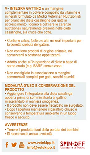 V-Integra VIntegra - Suplemento para Gatitos, Fabricado en Italia, 200 g, vitaminas para Dieta, casa, Natural, Huesos, Piel para Cartilagos, más saludables, Crecimiento equilibrado