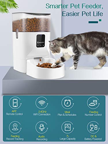 VavoPaw Comedero Automático para Gatos Perros, 7L Dispensador WiFi Inteligente App Control Remoto Gran Capacidad 1-10 Porciones Comidas Grabación de Voz Alimentador para Gatitos Perritos, Blanco