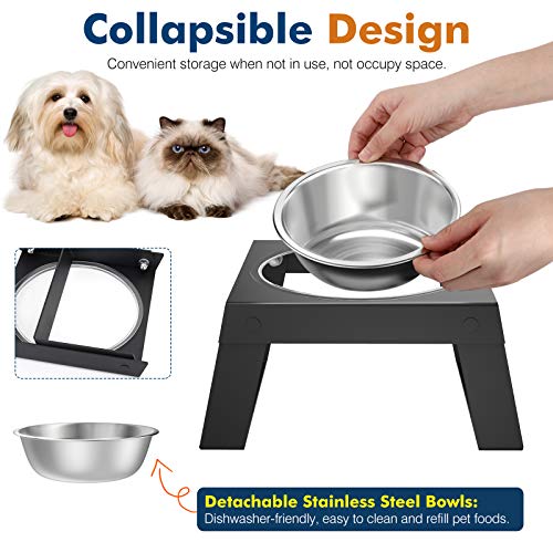 VavoPaw Cuenco de Acero Inoxidable para Perros Gatos, 550 ml Comedero de Metal Plegable Desmontable Alimentador de Agua Comida con Soporte Elevado para Mascotas Pequeños Medianos, Negro