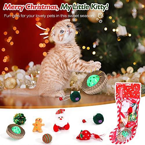 VavoPaw Juego para Gatos con Calcetín Navideño, 8 PZS Juguetes Interactivos Diferentes Divertidos de Felpa Suave con Media Regalo Navidad para Gatitos Mascotas, Rojo