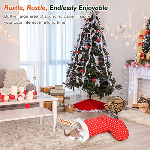 VavoPaw Juguete Calcetín de Navidad para Gatos, Túnel de Felpa con Papel Sonoro Estampado Navideño Divertido Juego Interactivo Resistente Arañazo Alivio Ansiedad Regalo para Gatitos, Rojo