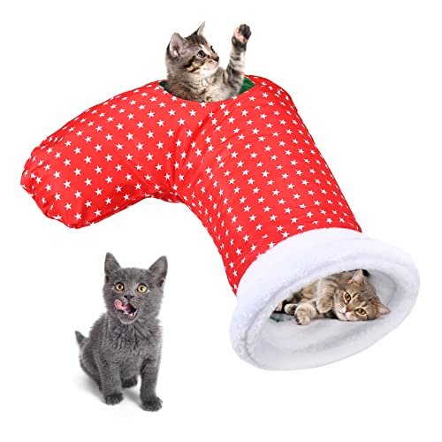 VavoPaw Juguete Calcetín de Navidad para Gatos, Túnel de Felpa con Papel Sonoro Estampado Navideño Divertido Juego Interactivo Resistente Arañazo Alivio Ansiedad Regalo para Gatitos, Rojo