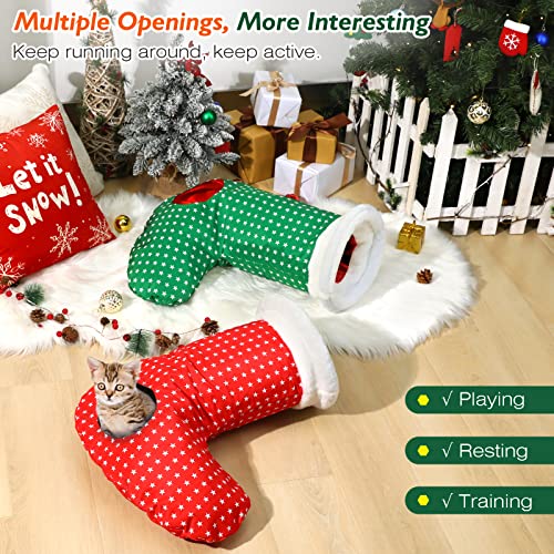 VavoPaw Juguete Calcetín de Navidad para Gatos, Túnel de Felpa con Papel Sonoro Estampado Navideño Divertido Juego Interactivo Resistente Arañazo Alivio Ansiedad Regalo para Gatitos, Rojo