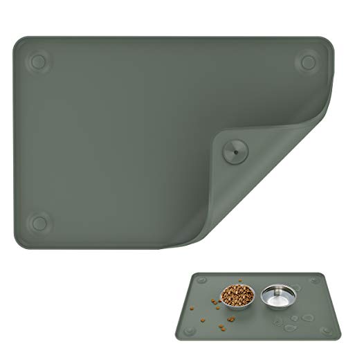 VavoPaw Mantel Individual para Mascotas, Bandeja de Silicona de Grado Alimenticio Impermeable para Mascotas, Accesorios de Comida con Diseño Único de Ventosa para Gatos, Perros – Gris Verde