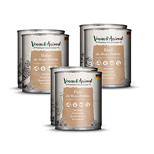 Venandi Animal - Pienso Premium para Gatos - PAQUEE DE Prueba I 2*Pollo, 2*Pato, 2*Ternera - Completamente Libre de Cereales - 6 x 8,00 g