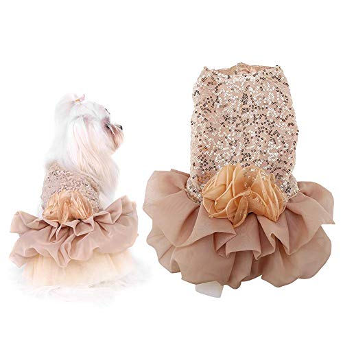 Vestido De Perro para Mascotas Ropa para Perros Pequeños Lentejuelas Tiquín Sedoso Disfraz De Perrito Princesa Elegante Falda Traje De Boda(XL-Beige)