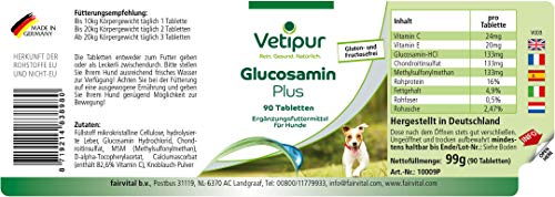 Vetipur Glucosamina Plus para perros - 90 comprimidos - Con Glucosamina, Condroitina, MSM, Vitamina C y Vitamina E - ¡Calidad Alemana garantizada!