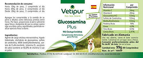 Vetipur Glucosamina Plus para perros - 90 comprimidos - Con Glucosamina, Condroitina, MSM, Vitamina C y Vitamina E - ¡Calidad Alemana garantizada!