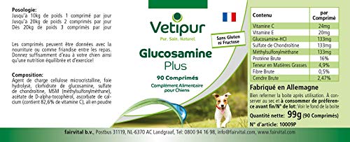 Vetipur Glucosamina Plus para perros - 90 comprimidos - Con Glucosamina, Condroitina, MSM, Vitamina C y Vitamina E - ¡Calidad Alemana garantizada!