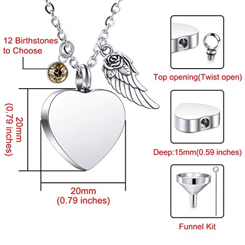 VIBOOS Collar de Urna Corazón con Colgante de ala Ángel Personalizado Piedras de Nacimiento para Hombres Mujeres Perros Gatos Mascotas Acero Inoxidable Cenizas Recuerdo Conmemorativo Kit de Cremación