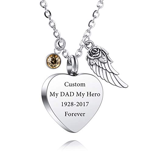 VIBOOS Collar de Urna Corazón con Colgante de ala Ángel Personalizado Piedras de Nacimiento para Hombres Mujeres Perros Gatos Mascotas Acero Inoxidable Cenizas Recuerdo Conmemorativo Kit de Cremación