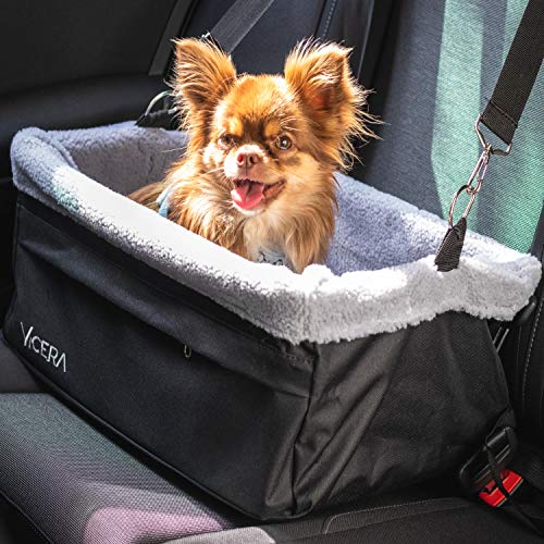 Vicera Asiento Coche para Perros Pequeños y Medianos | Silla Perro Coche para el Asiento del Acompañante y Trasero | Impermeable, con Cojín y Arnés de Seguridad