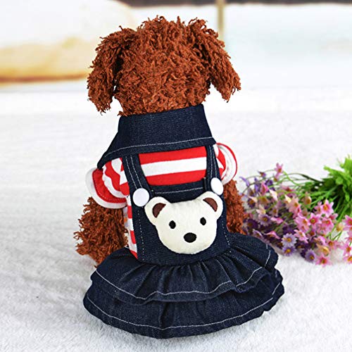 VILLCASE Vestido de Mezclilla para Perros a Rayas Oso de Peluche Cowboy Perritos Ropa Trajes Princesa Tutú Falda Pequeña para Mascotas Mono Mono para Cachorros Gatos Disfraces Talla XL