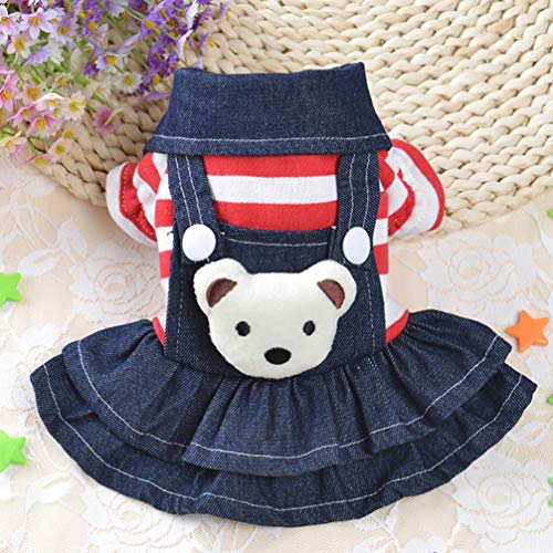 VILLCASE Vestido de Mezclilla para Perros a Rayas Oso de Peluche Cowboy Perritos Ropa Trajes Princesa Tutú Falda Pequeña para Mascotas Mono Mono para Cachorros Gatos Disfraces Talla XL