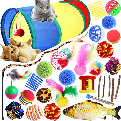 VIPNAJI 30PCS Juguetes para Paquete de Variedad para Gatitos, Set di Juguetes para Gatos Interactivo Ratón,Juguetes para Gatos con Plumas, túnel y Bolas Varias para Gatos