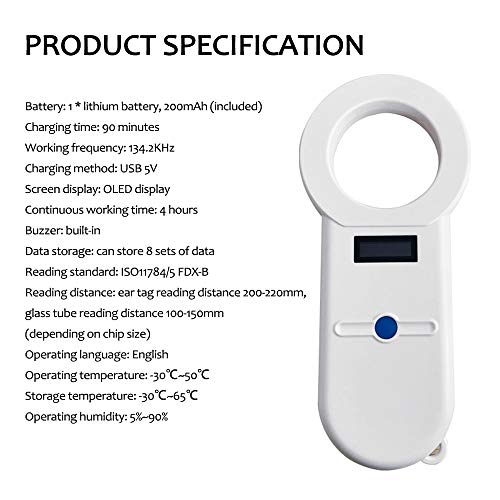 VISLONE Lector para Mascotas, Lector de Microchip para Perros ISO11784 / 5 Lector de identificación de Mascotas para Animales, Escáner de chips de mano USB para perro Gato Caballo