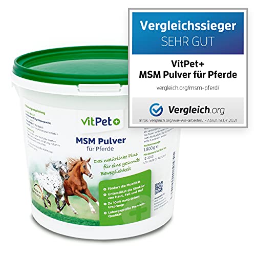 VitPet+ MSM Pferd – Polvo premium MSM para caballos en cubo de 1,8 kg con cuchara dosificadora (polvo de metilsulfonilmetano/azufre para caballos y perros)