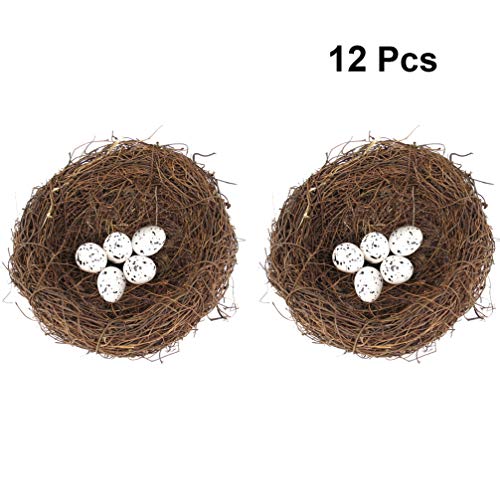 VORCOOL 12 Unids Nido de Pájaro de Ratán Artificial con Ornamento de Huevo de Aves de Pascua Decoración del Partido de Pascua de Los Huevos de Aves Falsos (2Pcs 15 Cm Nido de Aves Y 10Pcs