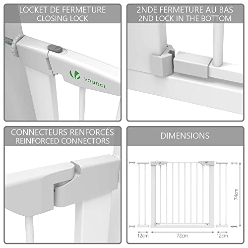 VOUNOT Puertas de Seguridad para Niños, 76-108 cm, Barrera Escalera para Bebé y Perros, Auto Close, Sin Taladrar, Blanco