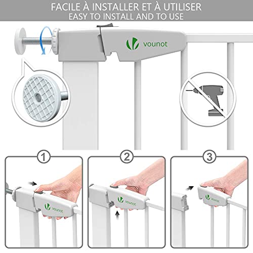 VOUNOT Puertas de Seguridad para Niños, 76-108 cm, Barrera Escalera para Bebé y Perros, Auto Close, Sin Taladrar, Blanco