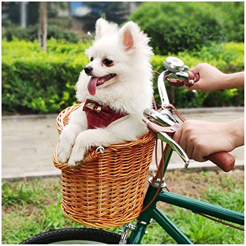 VPPV Cesta de Bicicleta para Perros, Tejido Natural Hecho a Mano Mimbre de Ratán Desmontable para Manillar Delantero