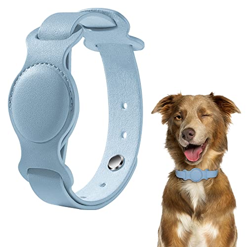 Vqvq Funda para Soporte de Collar de Perro AirTag, Funda de Cuero PU con Rastreador GPS Compatible con Airtag 2021, Ajustable y Seguro y a Prueba de Pérdidas Airtag Collar Perro Gato - M,Azul