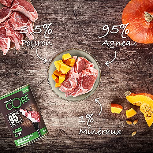 Wellness CORE 95% Grapa de Comida para Perro mojada y una Sola proteína de Cordero con Calabaza, 400 g, Paquete de 6